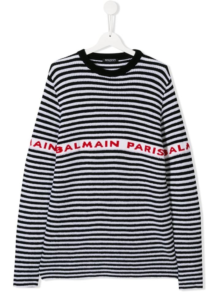 Balmain Kids Teen Logo Striped Intarsia Jumper - White