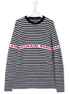 Balmain Kids Teen Logo Striped Intarsia Jumper - White