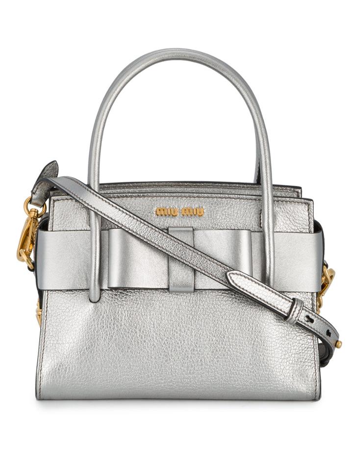 Miu Miu Small Silver Leather Madras Tote Bag - Metallic