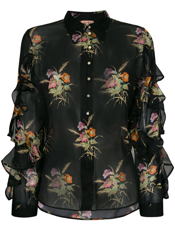 No21 Floral Print Sheer Ruffled Blouse - Black