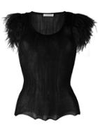 Philosophy Di Lorenzo Serafini Round Neck Sheer Blouse, Women's, Size: 44, Black, Cotton/polyamide/feather