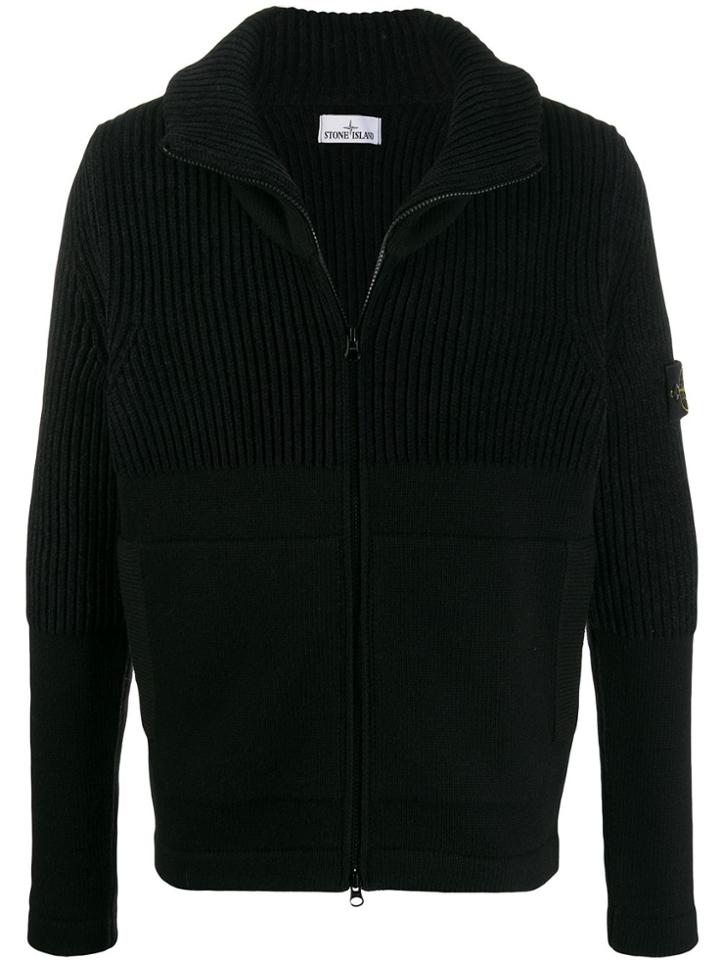 Stone Island Contrast Knit Zip-up Hoodie - Black