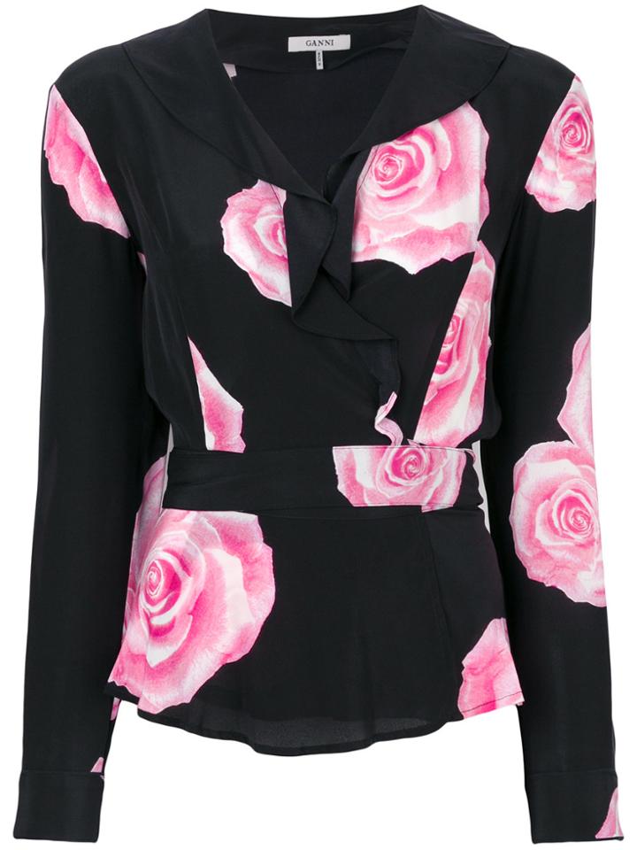 Ganni Rose Print Peplum Top - Black