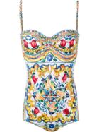 Dolce & Gabbana Majolica Print Swimsuit, Women's, Size: 3, White, Polyamide/polyester/polyurethane/spandex/elastane