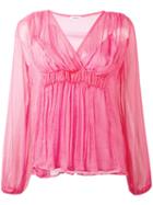 P.a.r.o.s.h. - Ruched V-neck Top - Women - Silk/polyester - L, Women's, Pink/purple, Silk/polyester