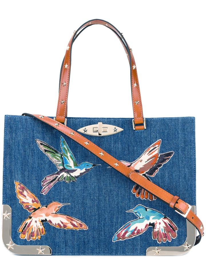 Red Valentino Embroidered Birds Denim Tote - Blue