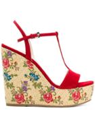 Prada Floral Woven Wedge Sandals - Red