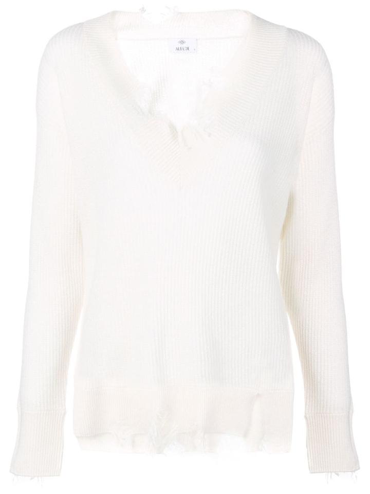 Allude Ripped Ribbed V-neck Sweater - White