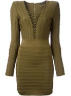 Balmain Lace Neck Ribbed Dress, Women's, Size: 40, Brown, Polyamide/spandex/elastane/viscose