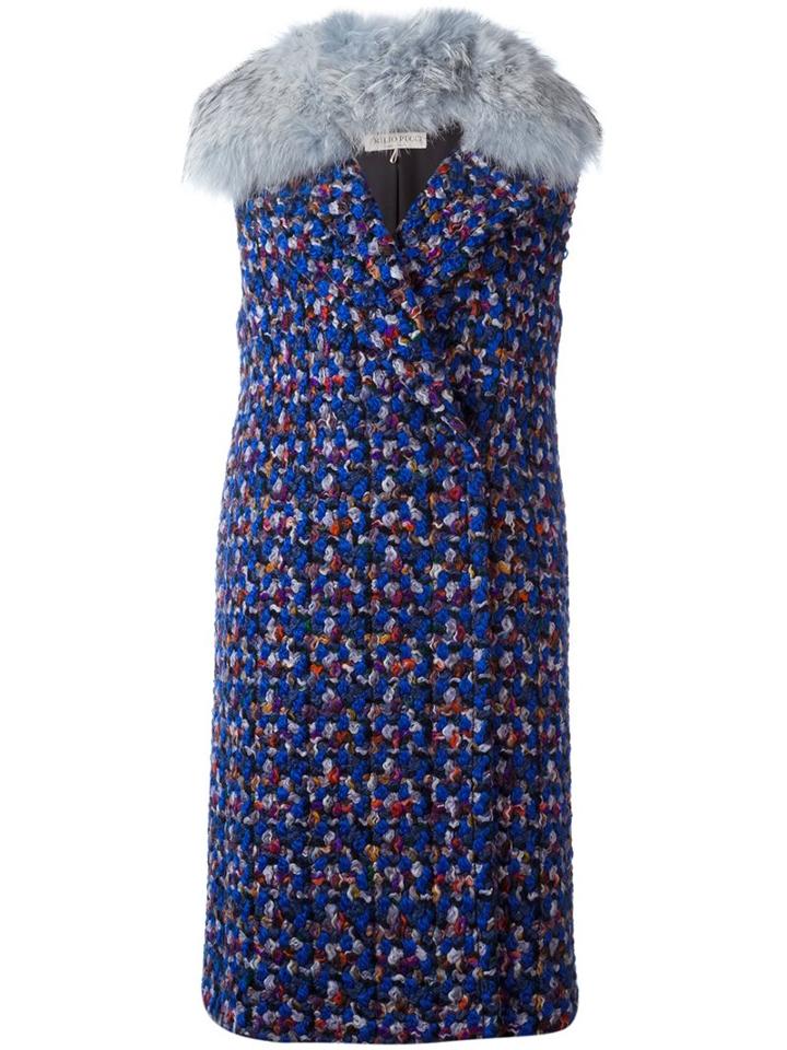 Emilio Pucci Raccoon Fur Collar Sleeveless Coat, Women's, Size: 38, Blue, Silk/cupro/racoon Fur/virgin Wool