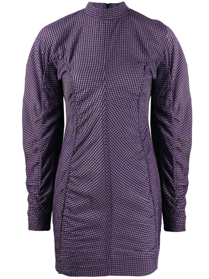 Ganni Ruched Checked Pattern Mini Dress - Purple