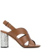 Miu Miu Glitter Heel Leather Sandals - Brown