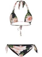 Dolce & Gabbana Floral Print Triangle Bikini Set - Black