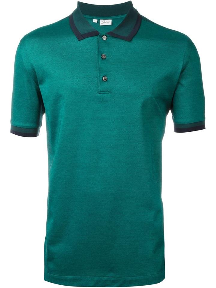 Brioni Contrast Collar And Sleeve Detail Polo Shirt, Men's, Size: L, Green, Silk/cotton
