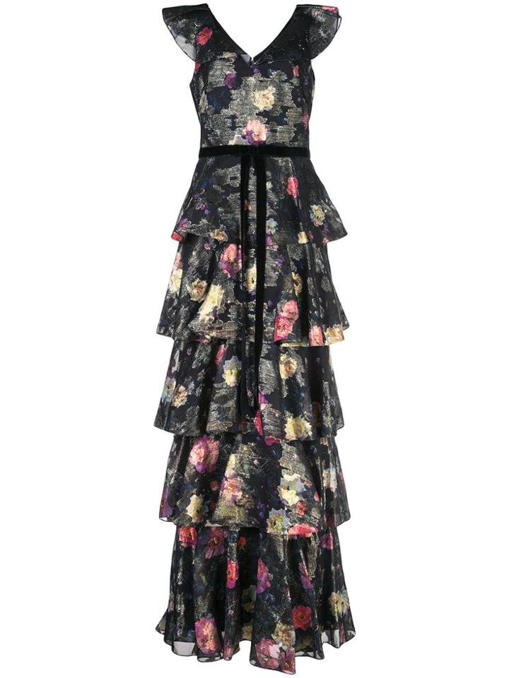 Marchesa Notte Floral Ruffle Maxi Dress - Black