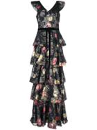 Marchesa Notte Floral Ruffle Maxi Dress - Black