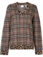Burberry Leopard Print Trim V-neck Checkered Jumper - Brown