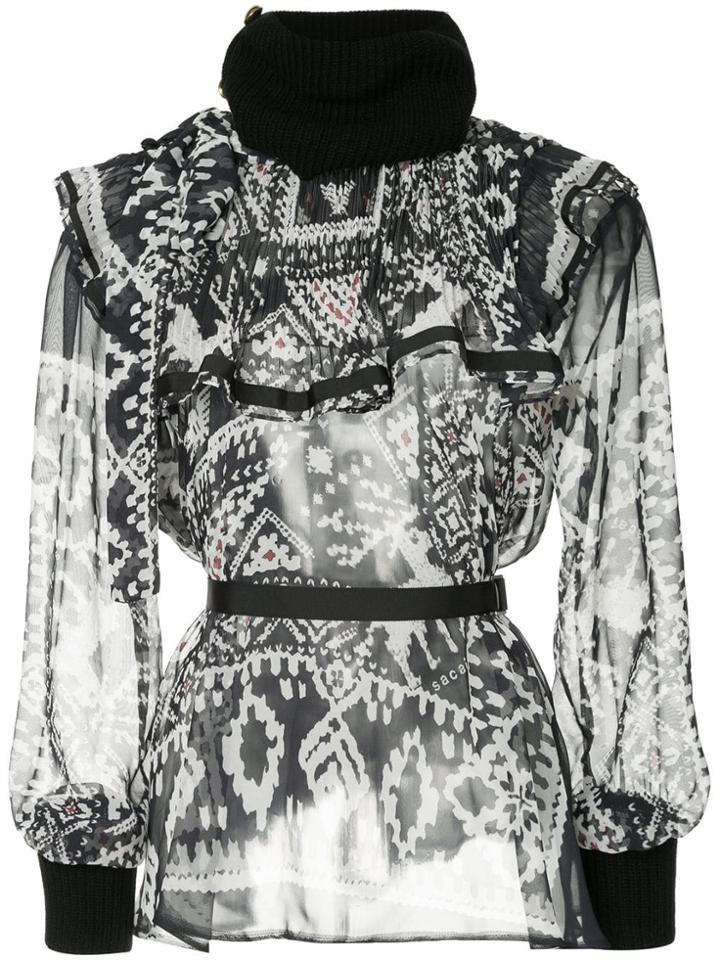 Sacai Printed Ruffle Rib Trim Blouse - Blue