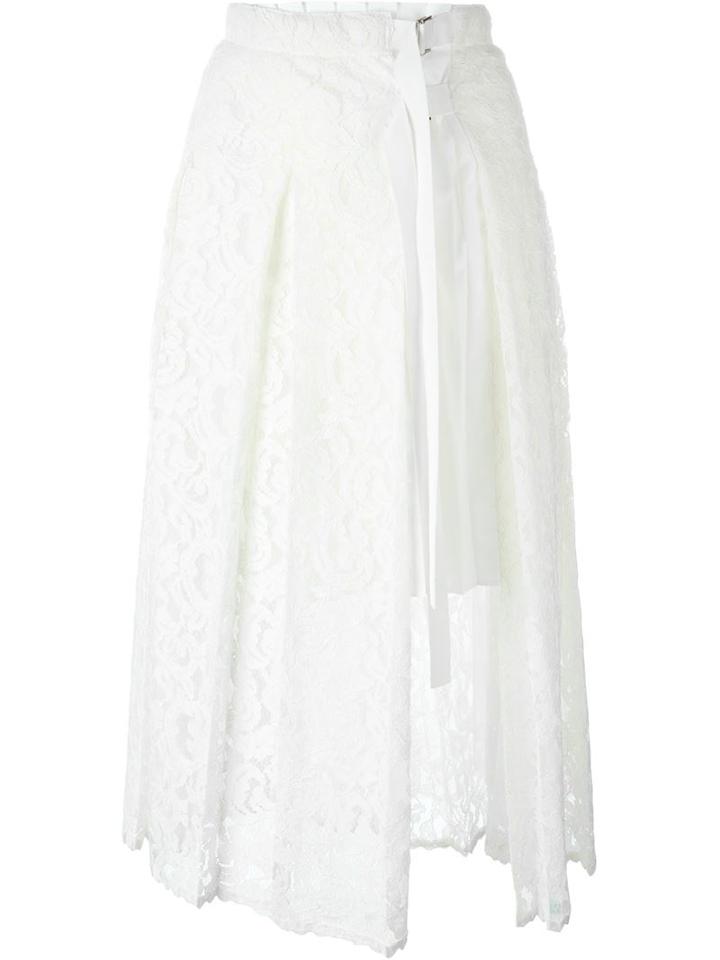 Sacai Pleated Lace Skirt, Women's, Size: 2, White, Rayon/cotton/nylon/polyester