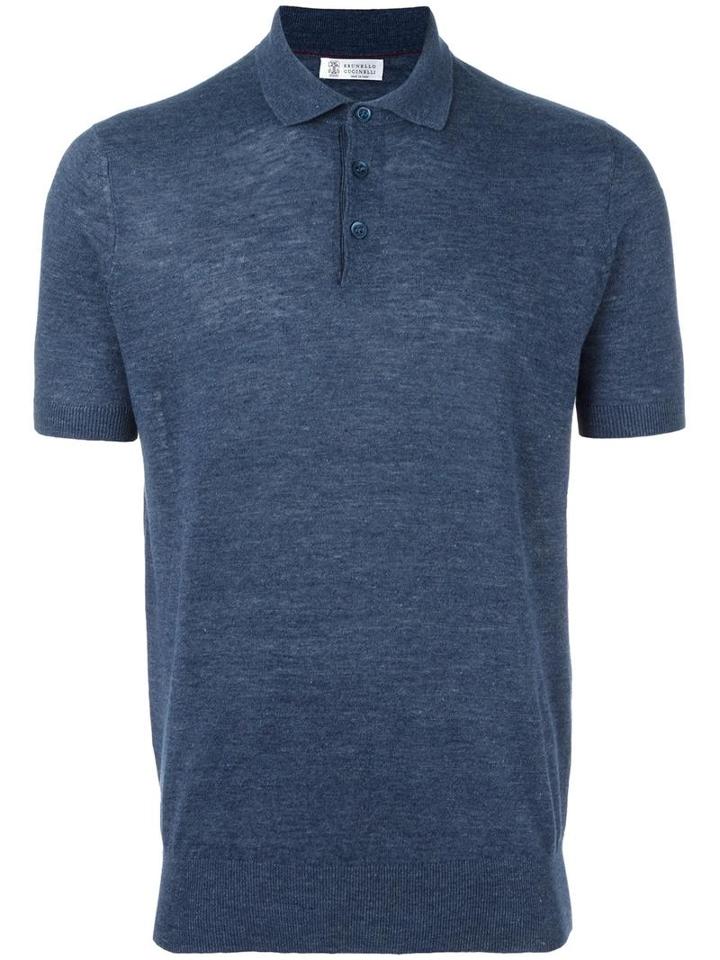 Brunello Cucinelli Shortsleeved Polo Shirt, Men's, Size: 54, Blue, Linen/flax/cotton