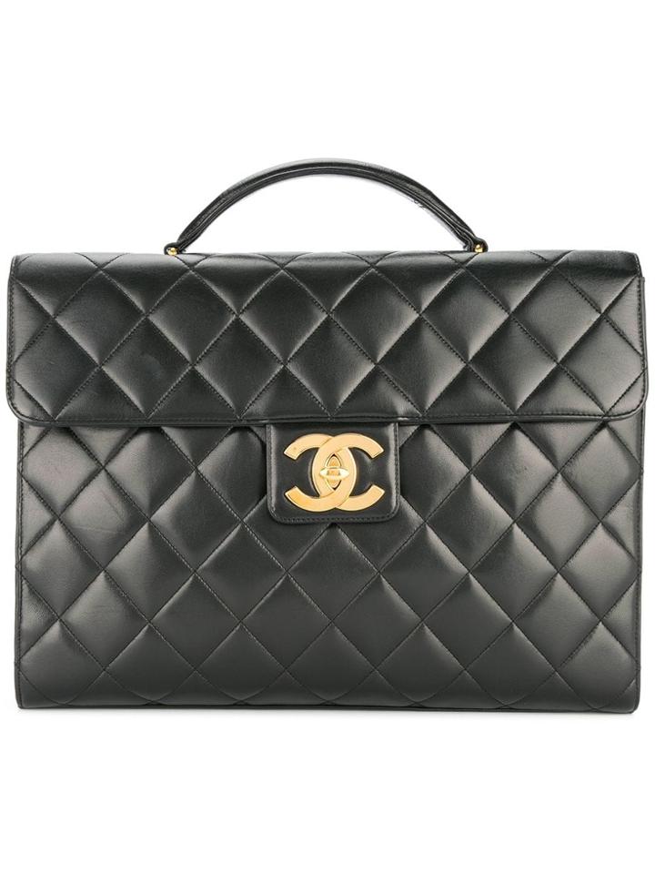 Chanel Vintage Quilted Briefcase Business Hand Bag - Black