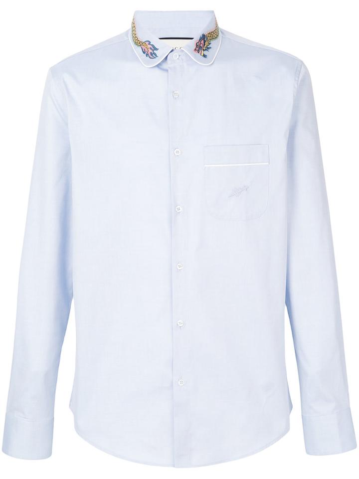 Gucci - Dragon Embroidered Collar Shirt - Men - Cotton - 15, Blue, Cotton
