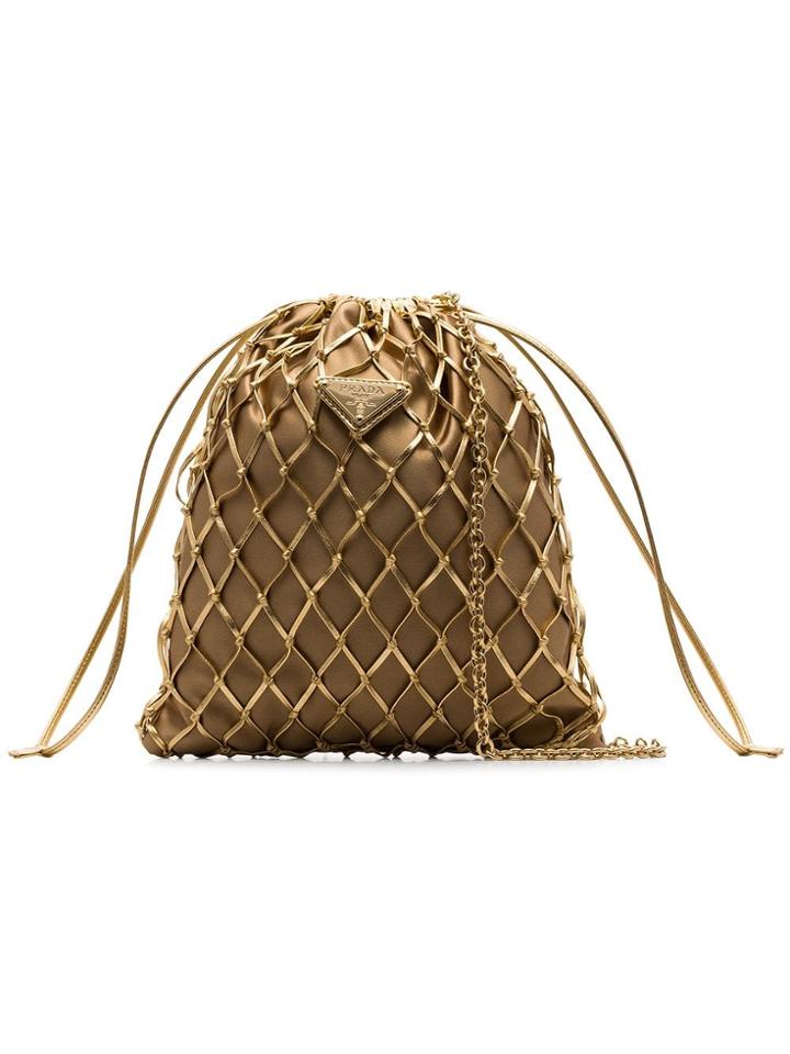 Prada Gold Tone Metallic Woven Leather And Satin Pouch