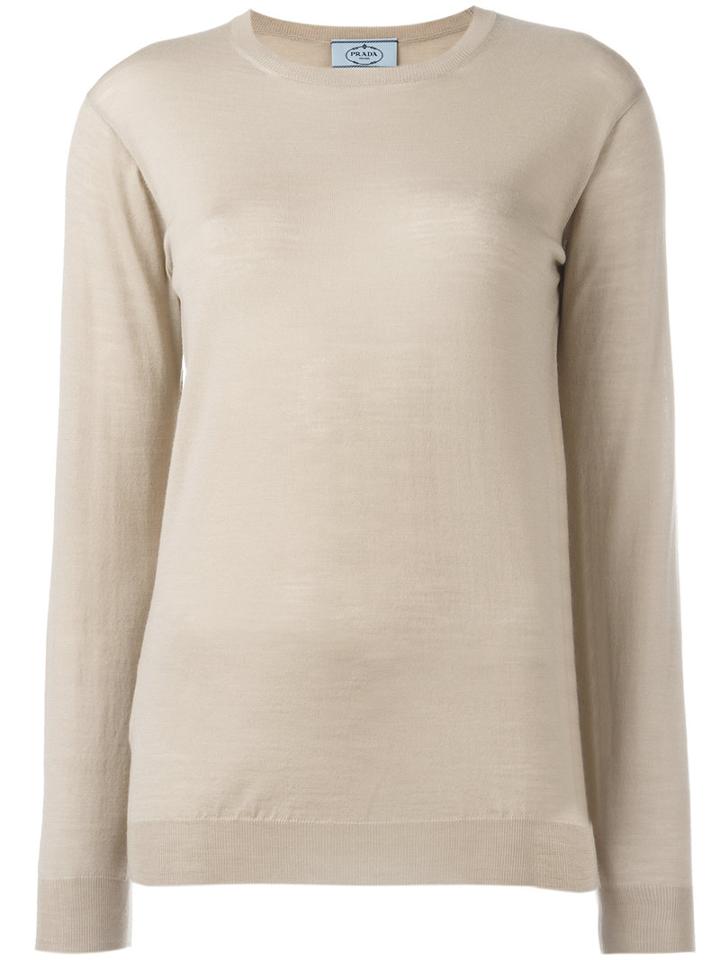 Prada Ribbed Trim Jumper, Women's, Size: 40, Nude/neutrals, Virgin Wool