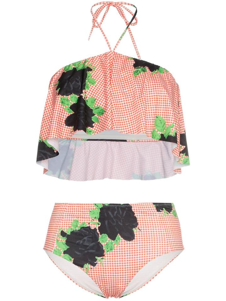 Ganni Check Print High Waist Bikini With Floral Print - Yellow