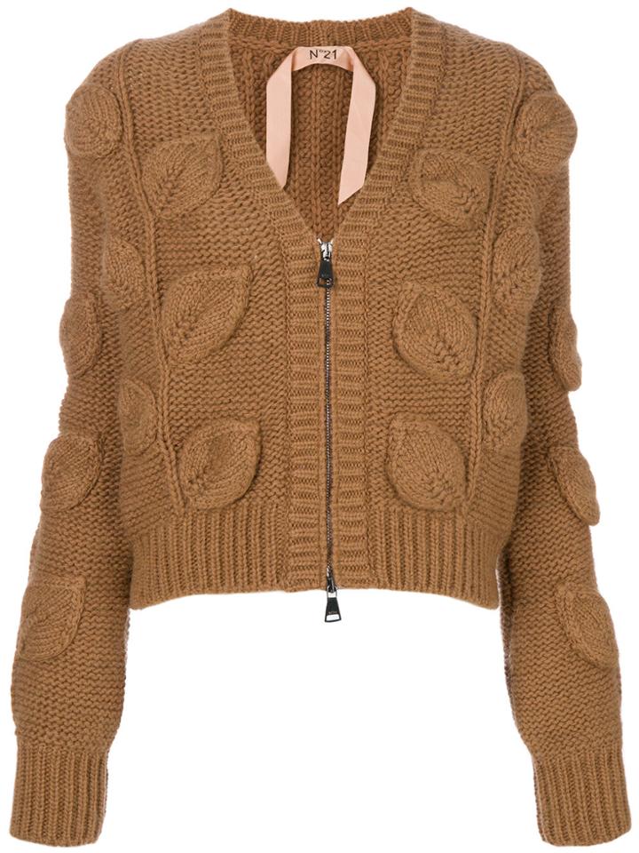 No21 V-neck Leaf Knit Cardigan - Brown