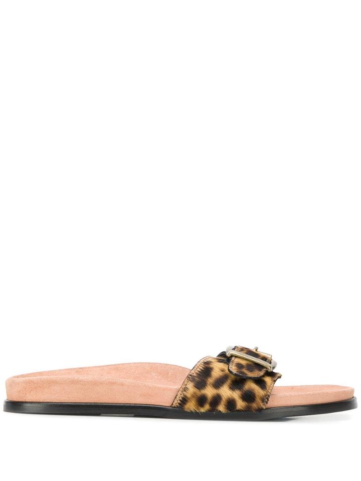 Avec Modération Leopard Buckled Strap Slides - Brown