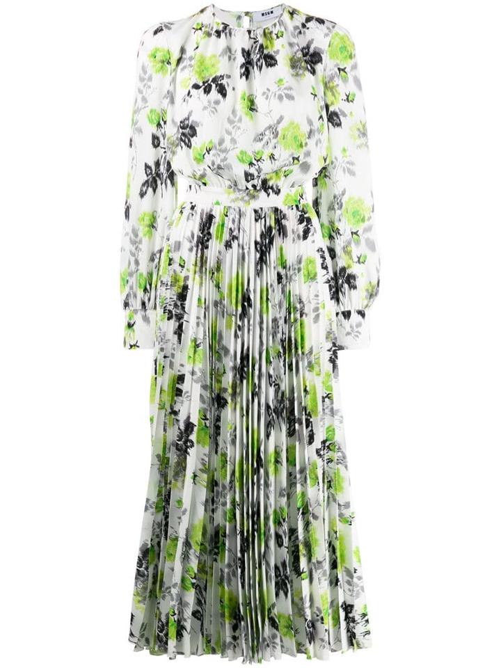 Msgm Floral Pleated Long Dress - White