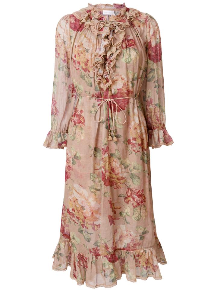 Zimmermann Floral Ruffle Dress - Brown