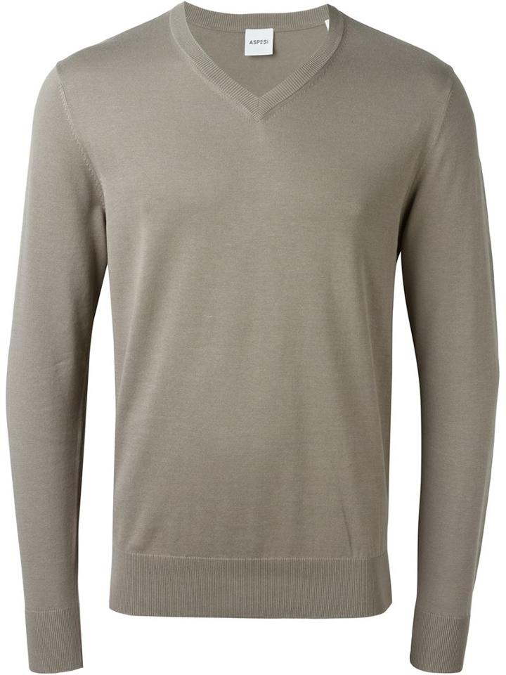 Aspesi V Neck Sweater, Men's, Size: 48, Green, Cotton
