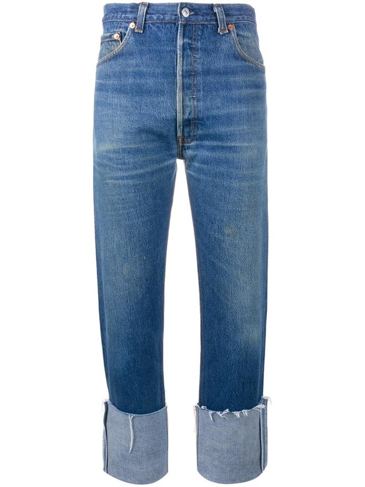 Re/done High Rise Straight Leg Blue Jeans With Turned Up Cuffs