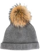 N.peal Cashmere Ribbed Beanie, Women's, Grey, Cashmere/racoon Fur