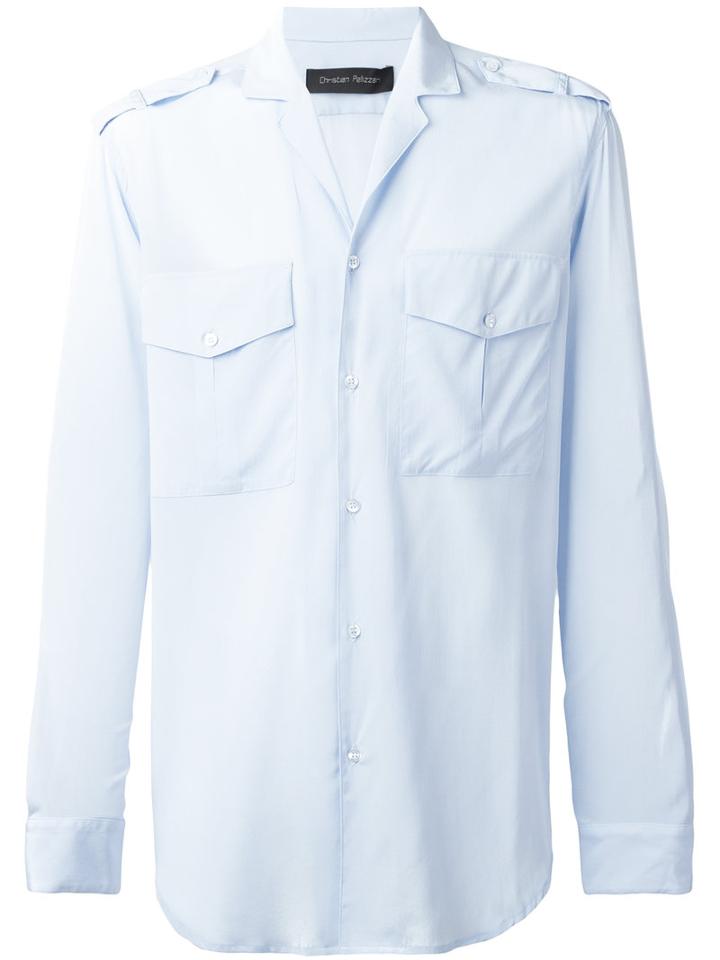 Christian Pellizzari Chest Pockets Shirt, Men's, Size: 50, Blue, Silk/spandex/elastane