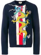 Gucci Web Intarsia Sweater With Dragon Appliqué - Blue