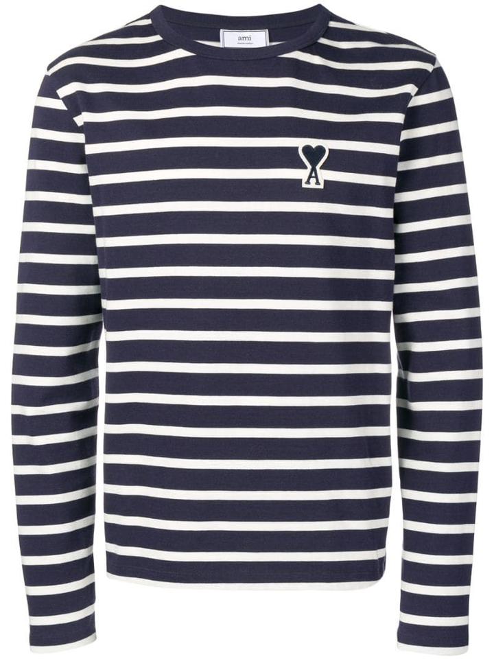 Ami Paris Long Sleeved Striped Tee Shirt With Big Ami De Coeur Patch -