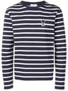 Ami Paris Long Sleeved Striped Tee Shirt With Big Ami De Coeur Patch -