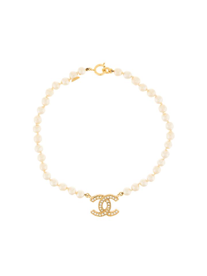 Chanel Vintage Cc Pearl Necklace - White