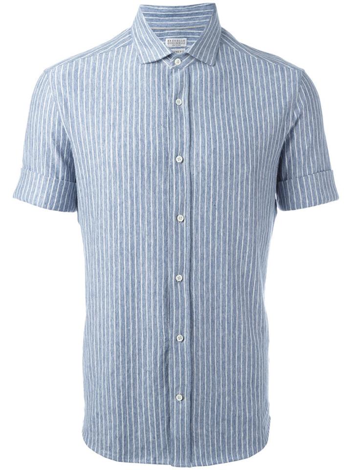 Brunello Cucinelli Striped Shirt, Men's, Size: Small, Blue, Linen/flax/spandex/elastane