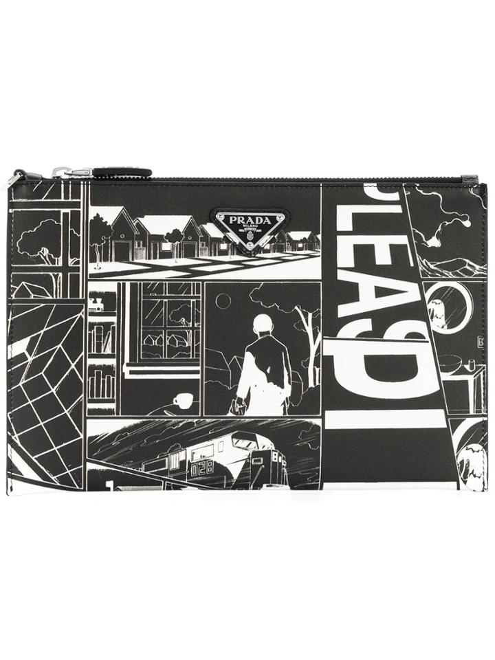 Prada Cartoon Print Clutch - Black