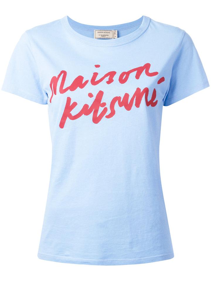 Maison Kitsuné Logo Handwriting Print T-shirt, Women's, Size: Small, Blue, Cotton