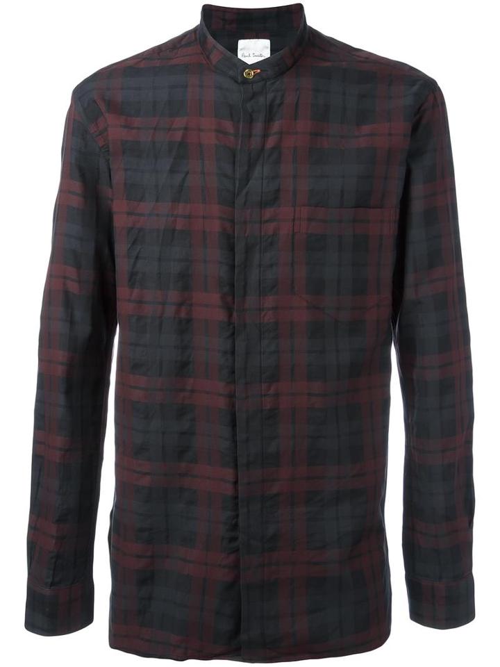 Paul Smith Mandarin Neck Plaid Shirt, Men's, Size: Large, Grey, Cotton