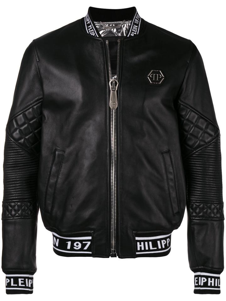 Philipp Plein Logo Printed Leather Jacket - Black