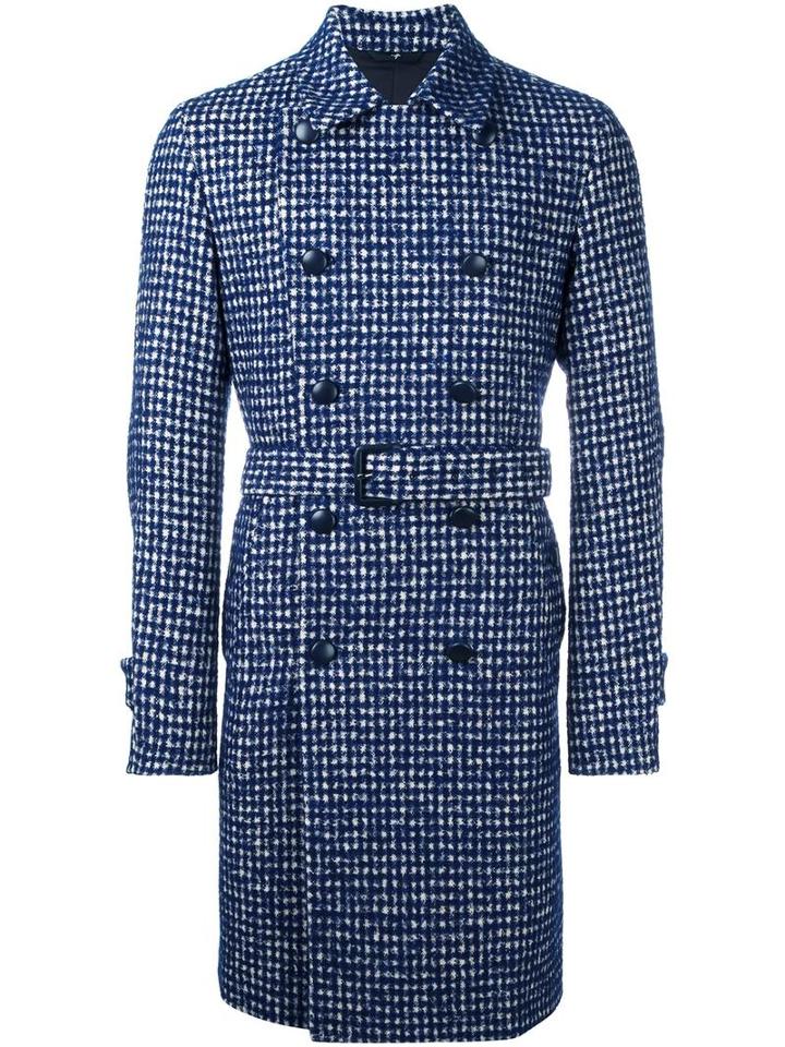 Hevo Houndstooth Belted Coat, Men's, Size: 46, Blue, Virgin Wool/alpaca/mohair/viscose