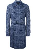 Hevo Houndstooth Belted Coat, Men's, Size: 46, Blue, Virgin Wool/alpaca/mohair/viscose