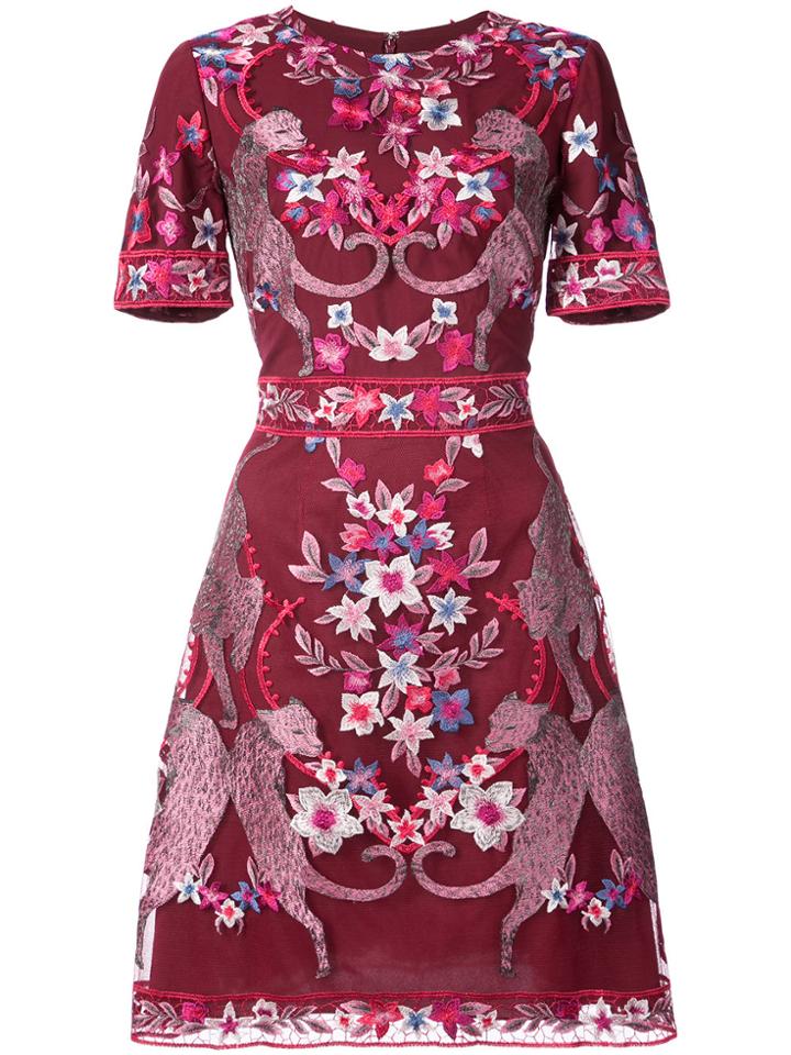 Marchesa Notte Floral Short Sleeve Cocktail Dress - Red