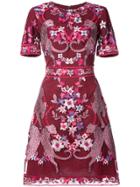 Marchesa Notte Floral Short Sleeve Cocktail Dress - Red
